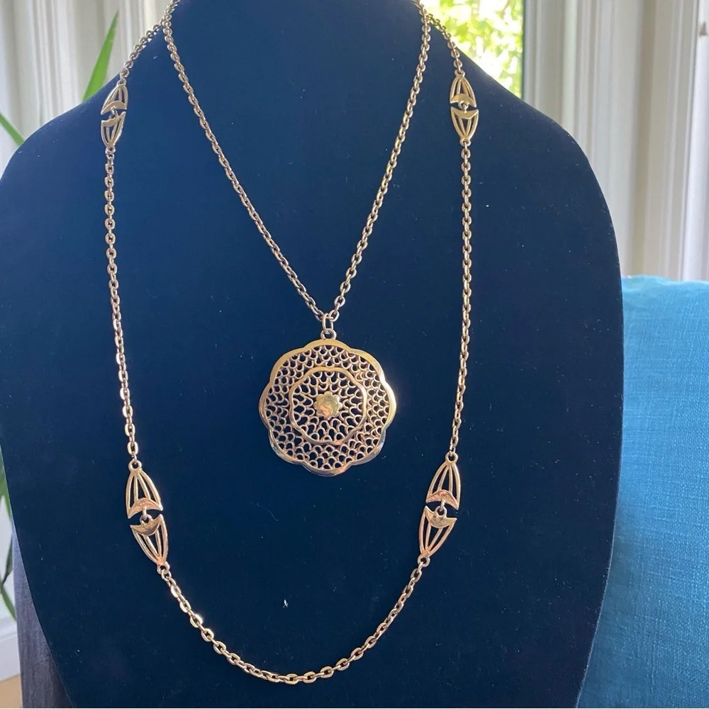 Vintage Multilayer Intricate Gold Tone Necklace with Large Pendant - Picture 4 of 16